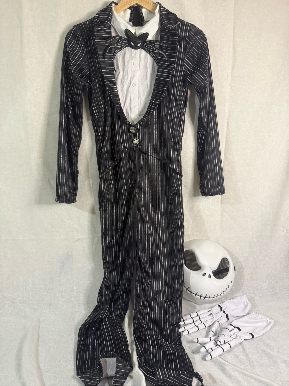 Disney Black Pinstripe Skeleton One-Piece Costume with Bat Bowtie